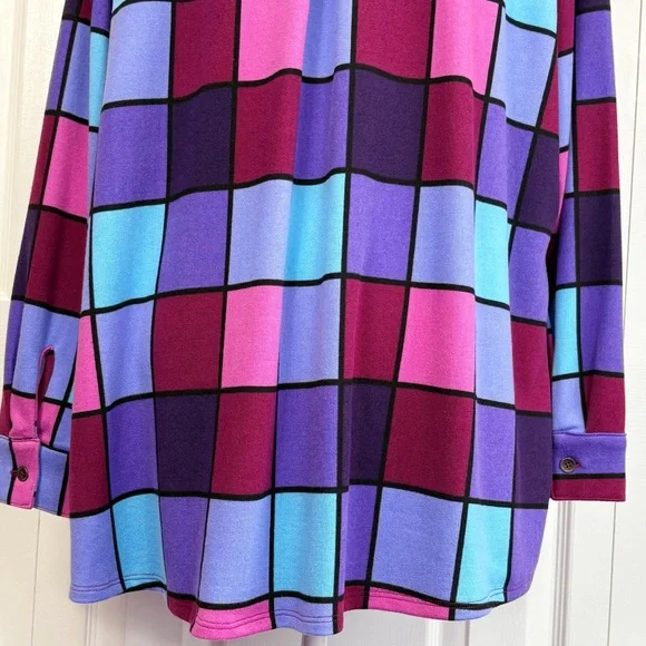 Denim & Co. Bold Colorful Check Print Knit Button Down Tunic Shirt 1X - Picture 16 of 16